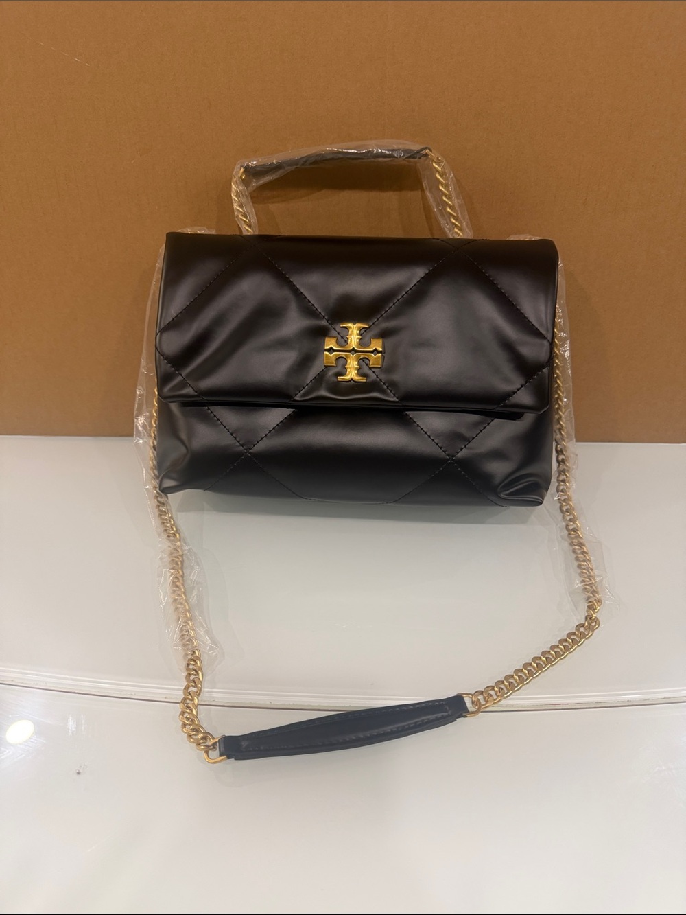 Tory Burch Black Quilted Leather Shoulder Bag with Gold Logo Chain
